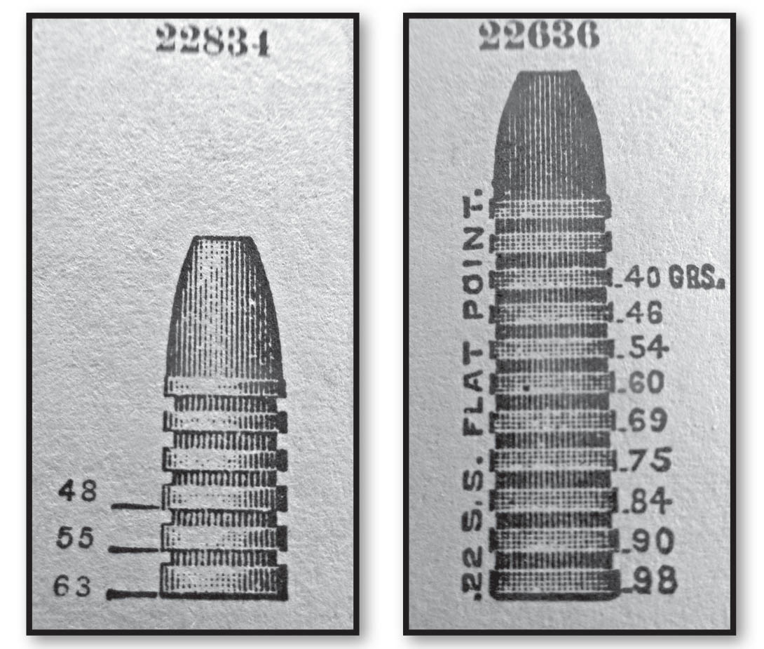 Ideal catalog cut of the Harwood Hornet bullet 22834 in 48, 55 and 63 grains weight. Catalog cut of Ideal 22636, which offered the 75-grain weight.